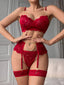 Elegant 4Pcs Set of Red Flower Lace Gold Chain Lingerie Women's Bra Hollow-Out Thong Socks & Belt for Bridal