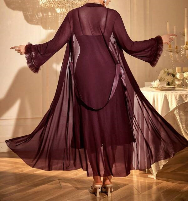 2-Piece Lace Camisole Nightdress & Mesh Robe Set
