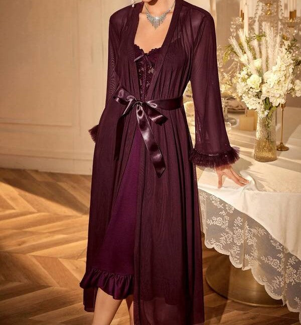 2-Piece Lace Camisole Nightdress & Mesh Robe Set