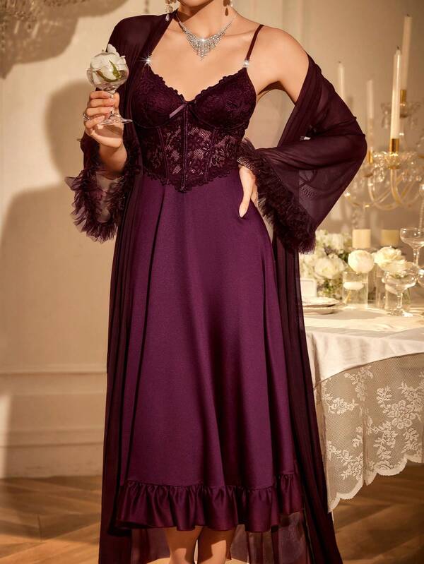2-Piece Lace Camisole Nightdress & Mesh Robe Set