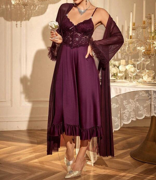 2-Piece Lace Camisole Nightdress & Mesh Robe Set Main Image