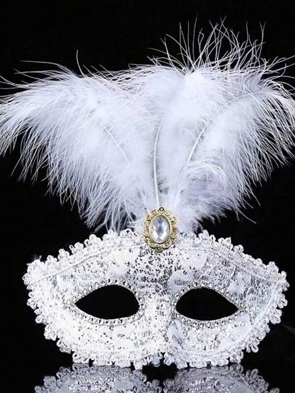Party Costume Mask, Wedding Mask, Personalized Face Mask, Stage Decorations, Sexy Half Face Lace Mask For Women, Feather Mask White Hover Image