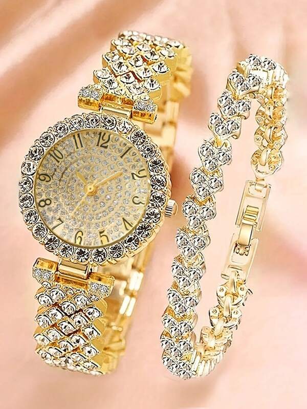 2pcs Set Elegant Crystal Watch & Heart Bracelet Gift Set Hover Image