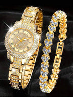 2pcs Set Elegant Crystal Watch & Heart Bracelet Gift Set