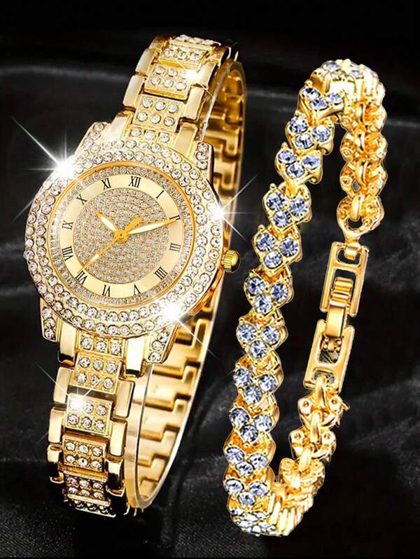 2pcs Set Elegant Crystal Watch & Heart Bracelet Gift Set