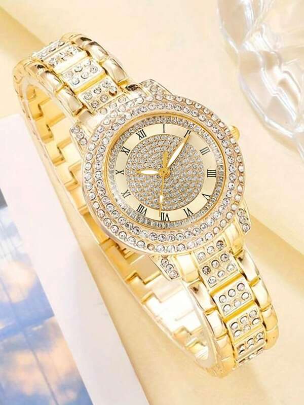 2pcs Set Elegant Crystal Watch & Heart Bracelet Gift Set