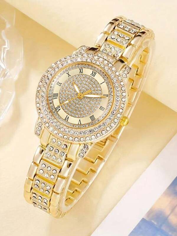 2pcs Set Elegant Crystal Watch & Heart Bracelet Gift Set