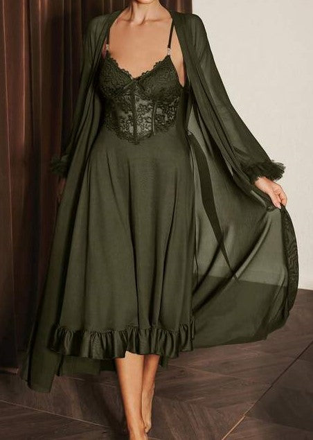 2-Piece Lace Camisole Nightdress & Mesh Robe Set