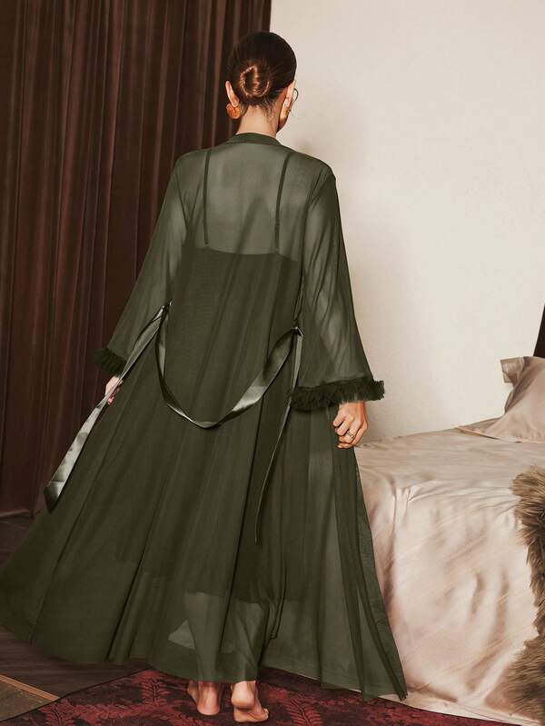 2-Piece Lace Camisole Nightdress & Mesh Robe Set