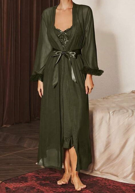 2-Piece Lace Camisole Nightdress & Mesh Robe Set