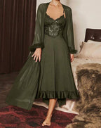 2pcs Set Fishbone Lace Trim Camisole Nightgown & Floral Lace Trim Wide Sleeve Mesh Robe for Women's Sleepwear and Loungewear Elegance Womenswear