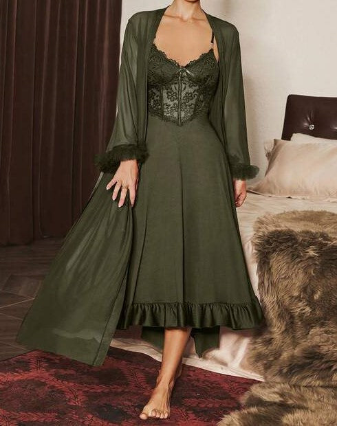 2-Piece Lace Camisole Nightdress & Mesh Robe Set
