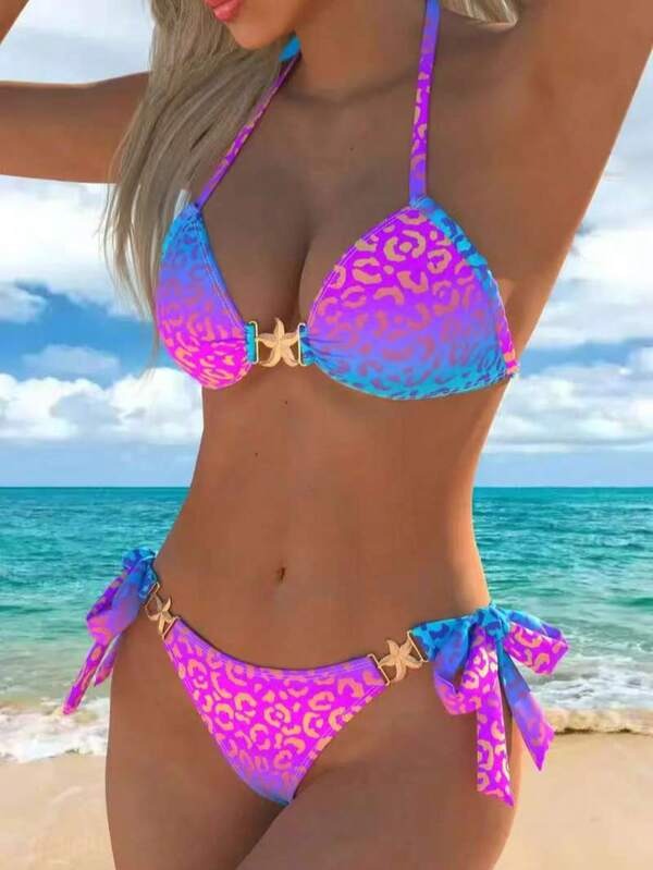 Women's 2-Piece High Waist Bikini Set with Star Decor & Leopard Print Halter Neck Backless Swimwear for Summer Vacation