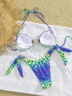 Women's 2-Piece High Waist Bikini Set with Star Decor & Leopard Print Halter Neck Backless Swimwear for Summer Vacation