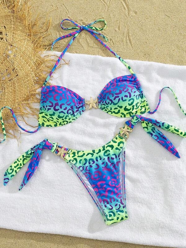 Women's 2-Piece High Waist Bikini Set with Star Decor & Leopard Print Halter Neck Backless Swimwear for Summer Vacation
