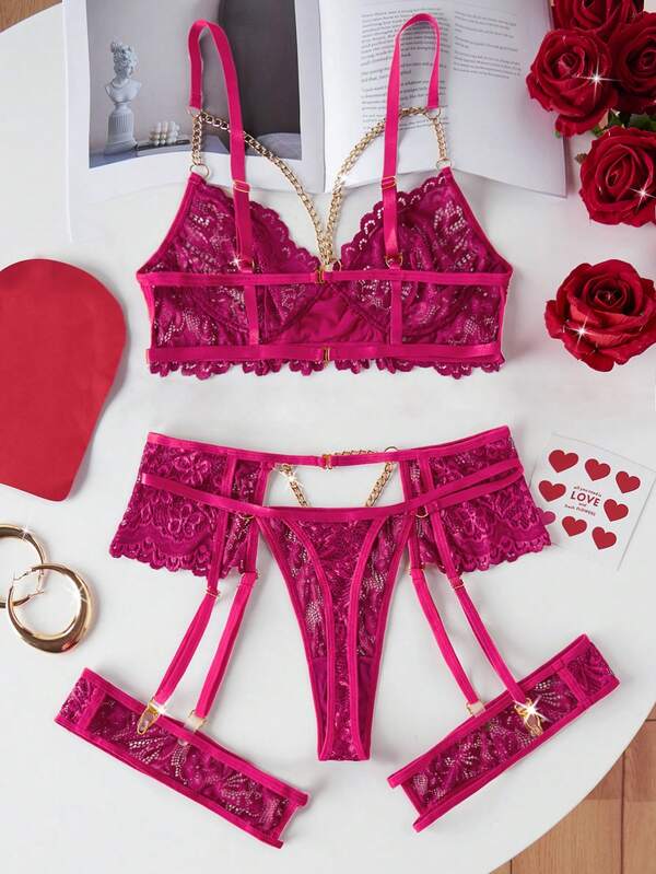 Elegant 4Pcs Set of Red Flower Lace Gold Chain Lingerie Women's Bra Hollow-Out Thong Socks & Belt for Bridal