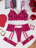 Elegant 4Pcs Set of Red Flower Lace Gold Chain Lingerie Women's Bra Hollow-Out Thong Socks & Belt for Bridal