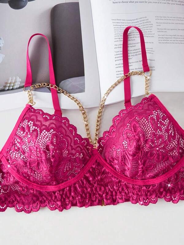 Elegant 4Pcs Set of Red Flower Lace Gold Chain Lingerie Women's Bra Hollow-Out Thong Socks & Belt for Bridal