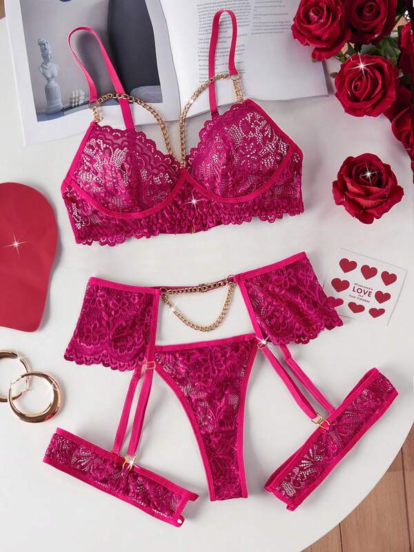 Elegant 4Pcs Set of Red Flower Lace Gold Chain Lingerie Women's Bra Hollow-Out Thong Socks & Belt for Bridal