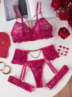 Elegant 4Pcs Set of Red Flower Lace Gold Chain Lingerie Women's Bra Hollow-Out Thong Socks & Belt for Bridal