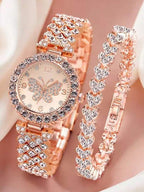 2pcs Set Elegant Crystal Watch & Heart Bracelet Gift Set