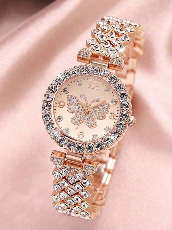 2pcs Set Elegant Crystal Watch & Heart Bracelet Gift Set