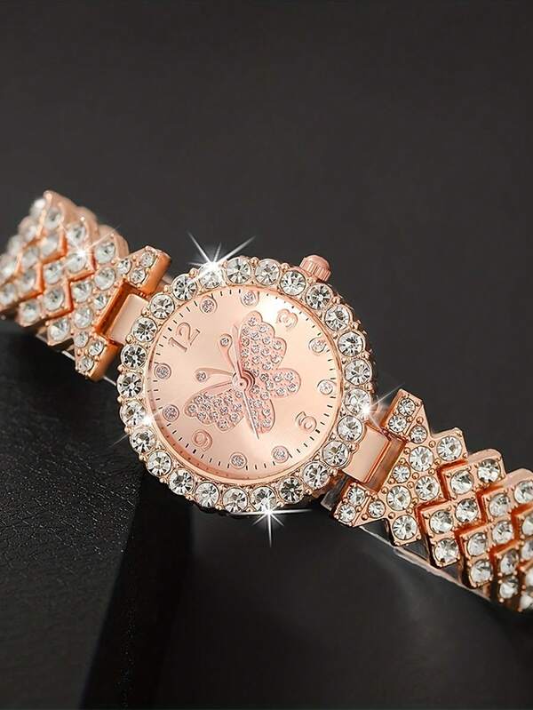 2pcs Set Elegant Crystal Watch & Heart Bracelet Gift Set