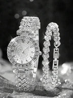2pcs Set Elegant Crystal Watch & Heart Bracelet Gift Set