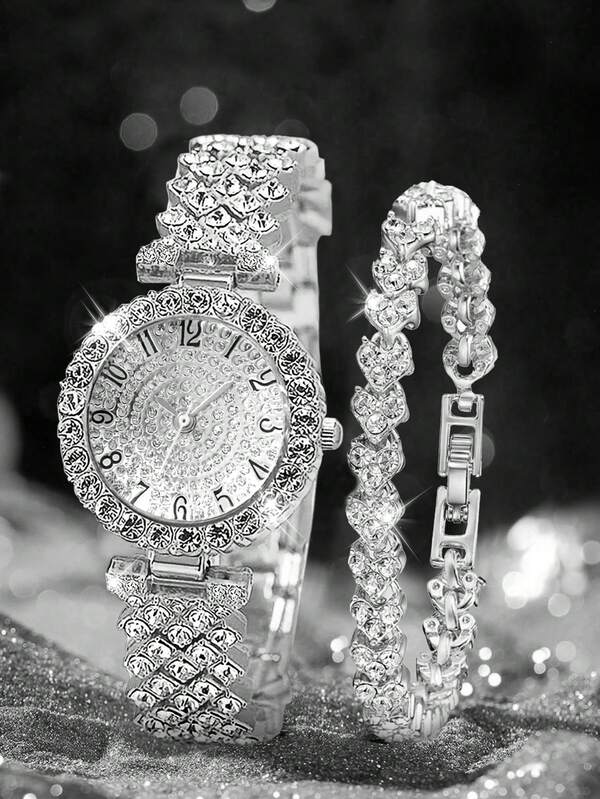 2pcs Set Elegant Crystal Watch & Heart Bracelet Gift Set
