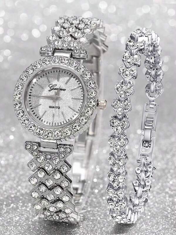2pcs Set Elegant Crystal Watch & Heart Bracelet Gift Set